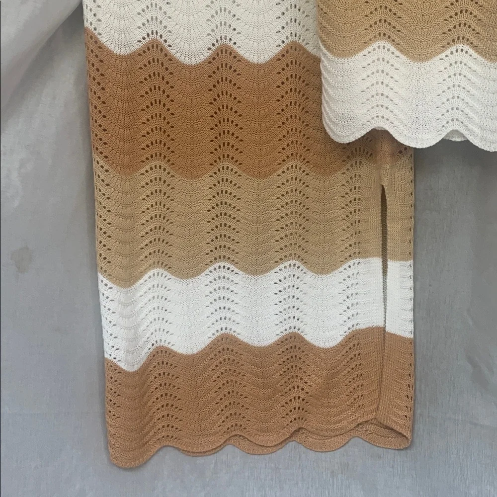Crochet Wave Midi Skirt and Tank Set - Tan & White